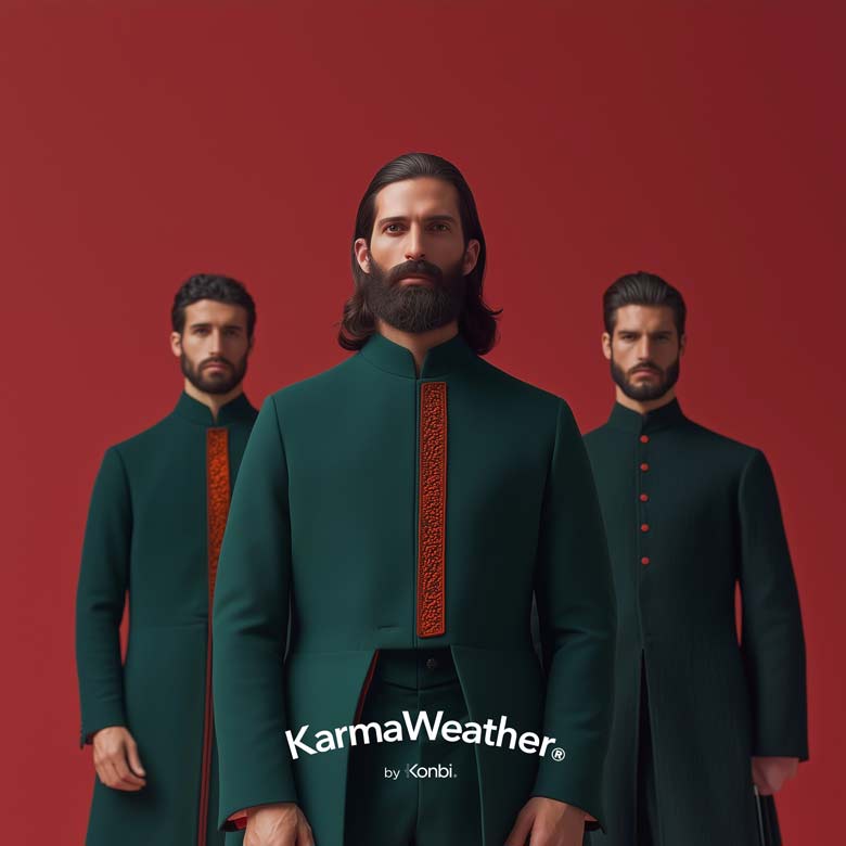 2025 Men's Fashion Trends: Photo of 3 men in emerald green tunics with embroidered plastron