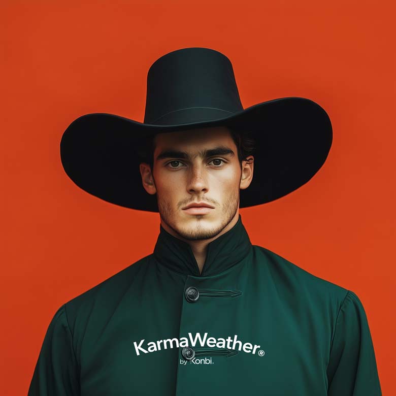 2025 Men's Fashion Trends: Portrait of man in green shirt with wide buttonholes and high mandarin collar, large black felt hat