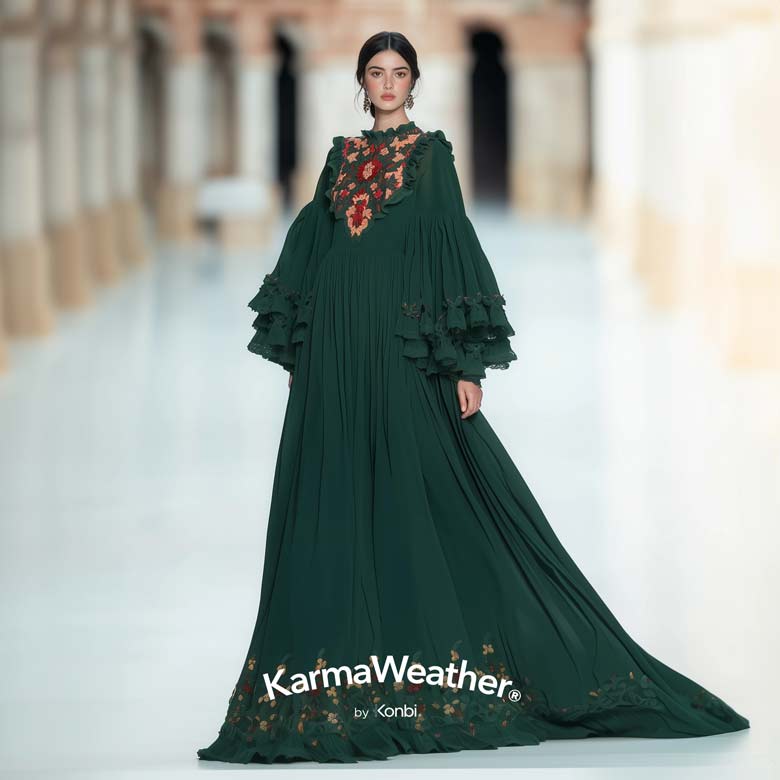 2025 Women's Fashion Trends: Full-length portrait of woman in emerald green evening gown with floral and arabesque embroidery