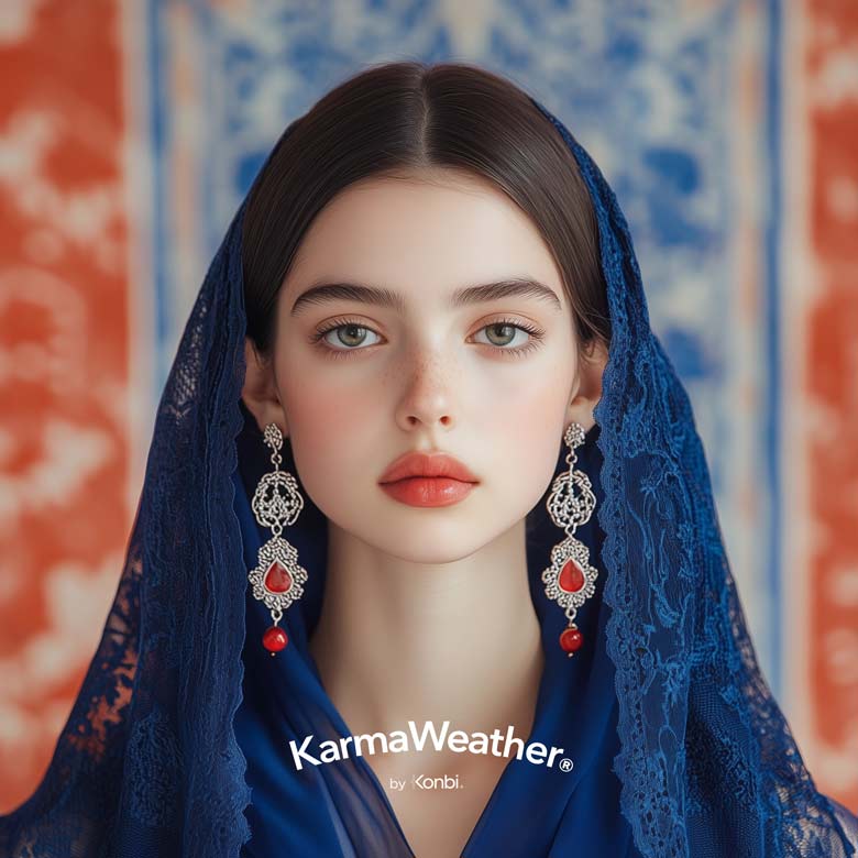 2025 Women's Fashion Trends: Young woman in Prussian blue lace dress and veil