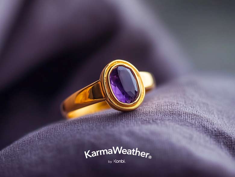 Gold ring with an amethyst on a violet fabric