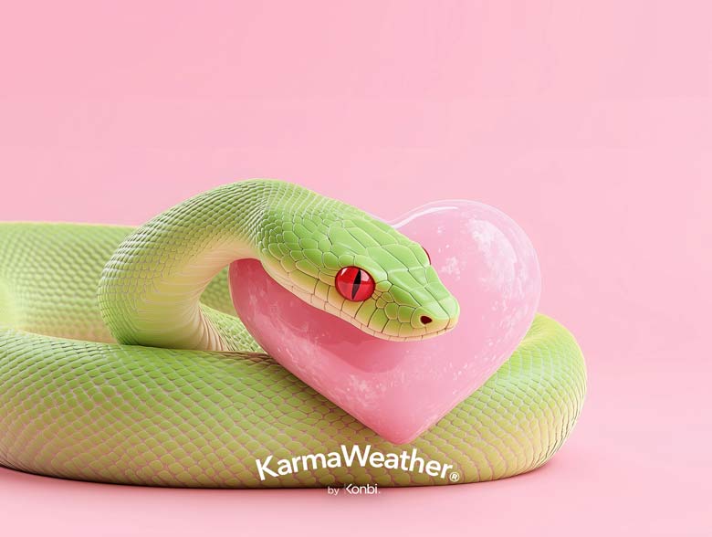 Green snake embracing a pink heart on a pink background