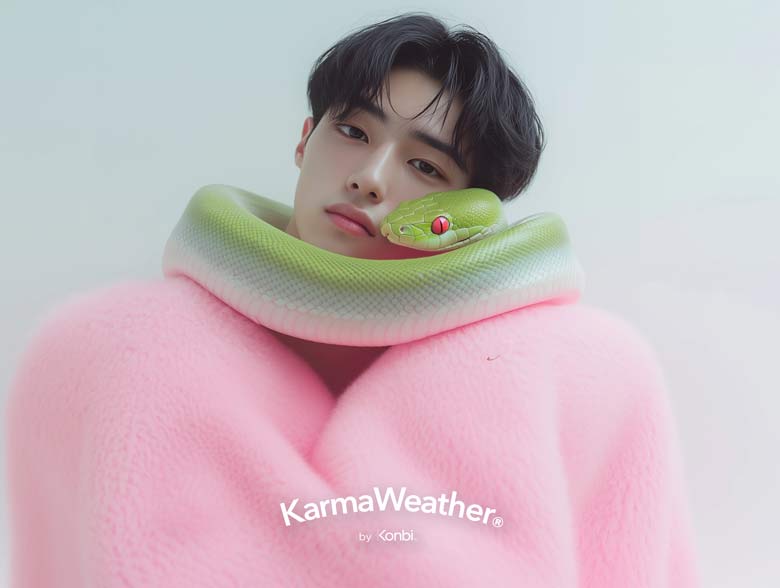 Young man in a pink sweater with a green snake around his neck