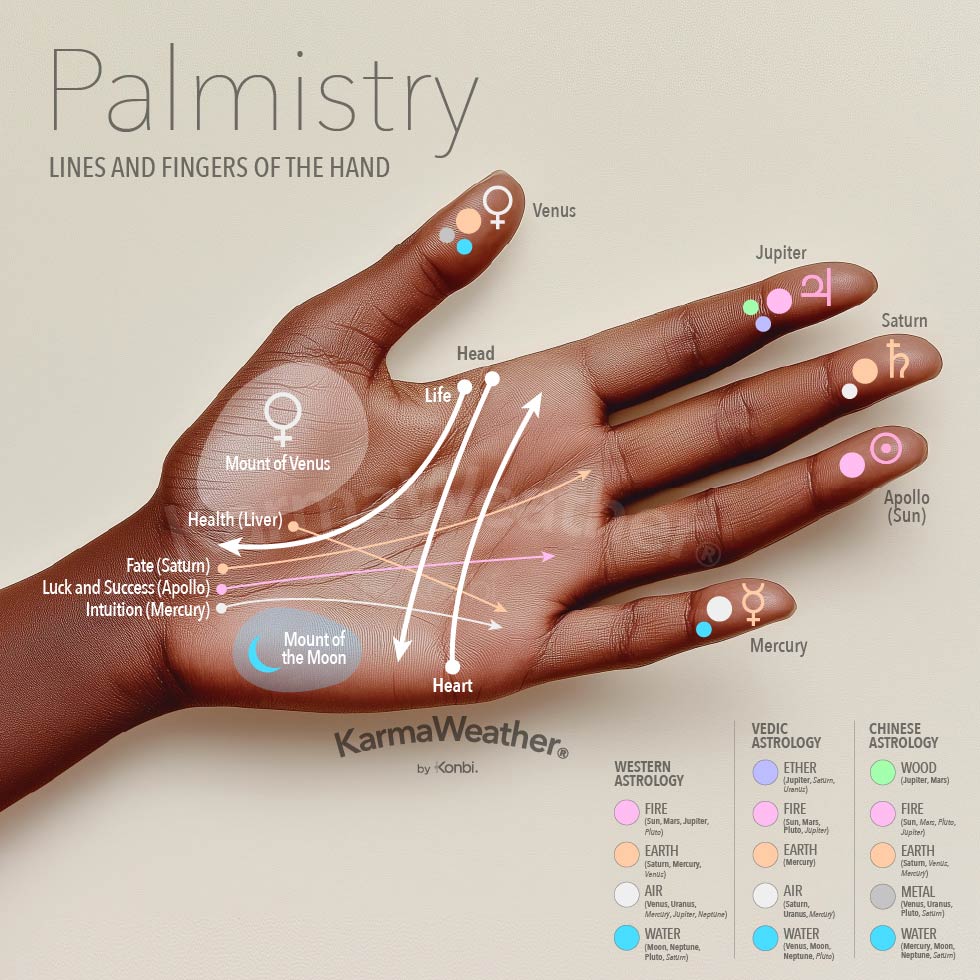 Infographic of palmistry lines and fingers